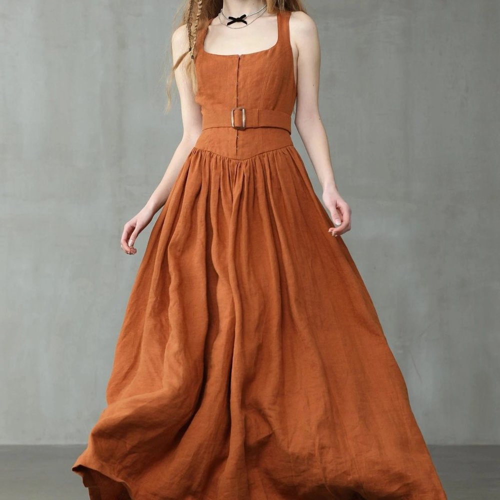 Linennaive Spiced Rosé Corset Style Linen Cottagecore Maxi Dress XL